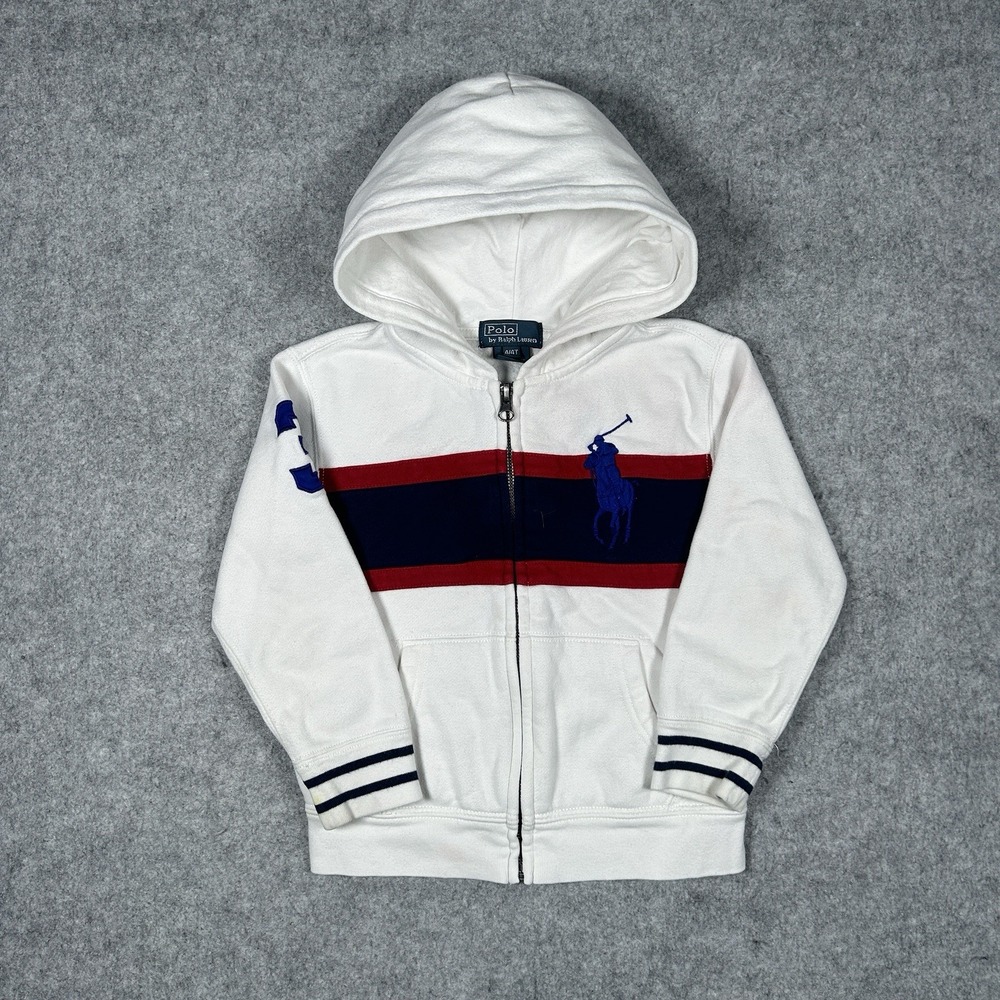 Polo Ralph Lauren Hoodie Kids Size 4T White Full Zip Big Pony‎ 3 Striped